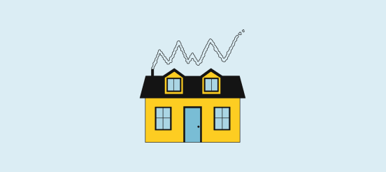 Real estate newsletter illustration - a house with 4 windows and a door, painted yellow and a smoke coming out of the roof that resembles graph going up and down